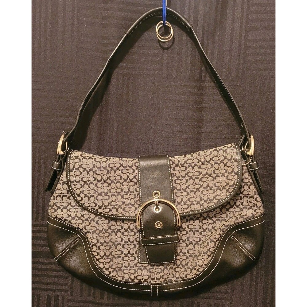COACH 6808 Vintage Soho Black Leather Signature C Canvas Shoulder Bag Excellent